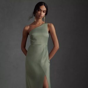 BHLDN Dylan One-Shoulder Satin Side-Slit Gown